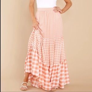 New AURA Gingham Plaid Maxi Skirt Peach Pink White Tiered Long Flowy